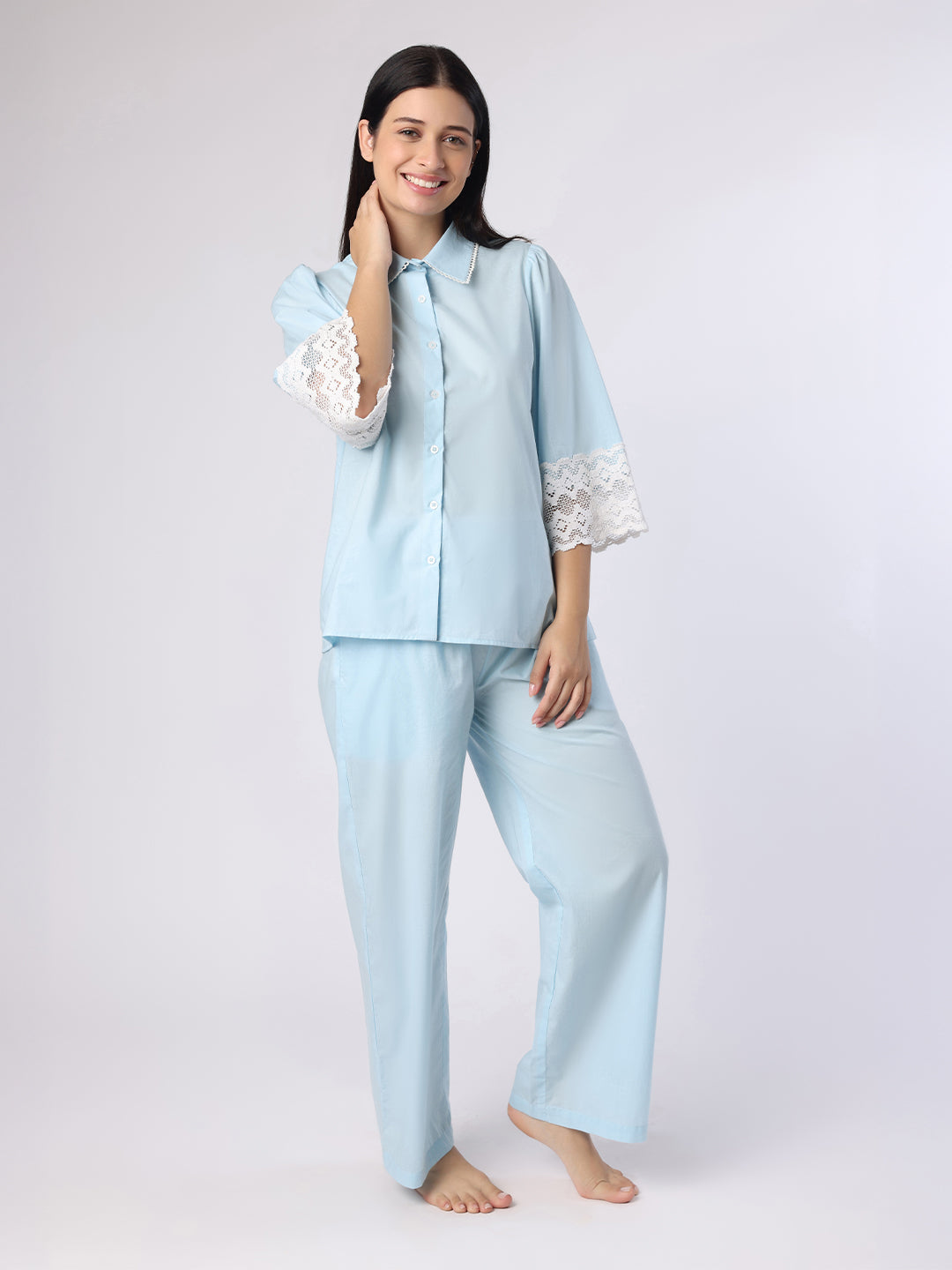 Sky Blue Nightwear With Lace Detail At Sleeves