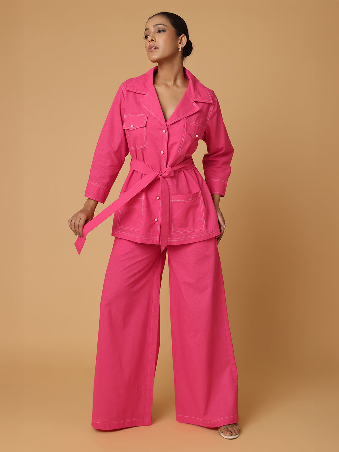 Pink Shirt & Trousers With Contrast Thread