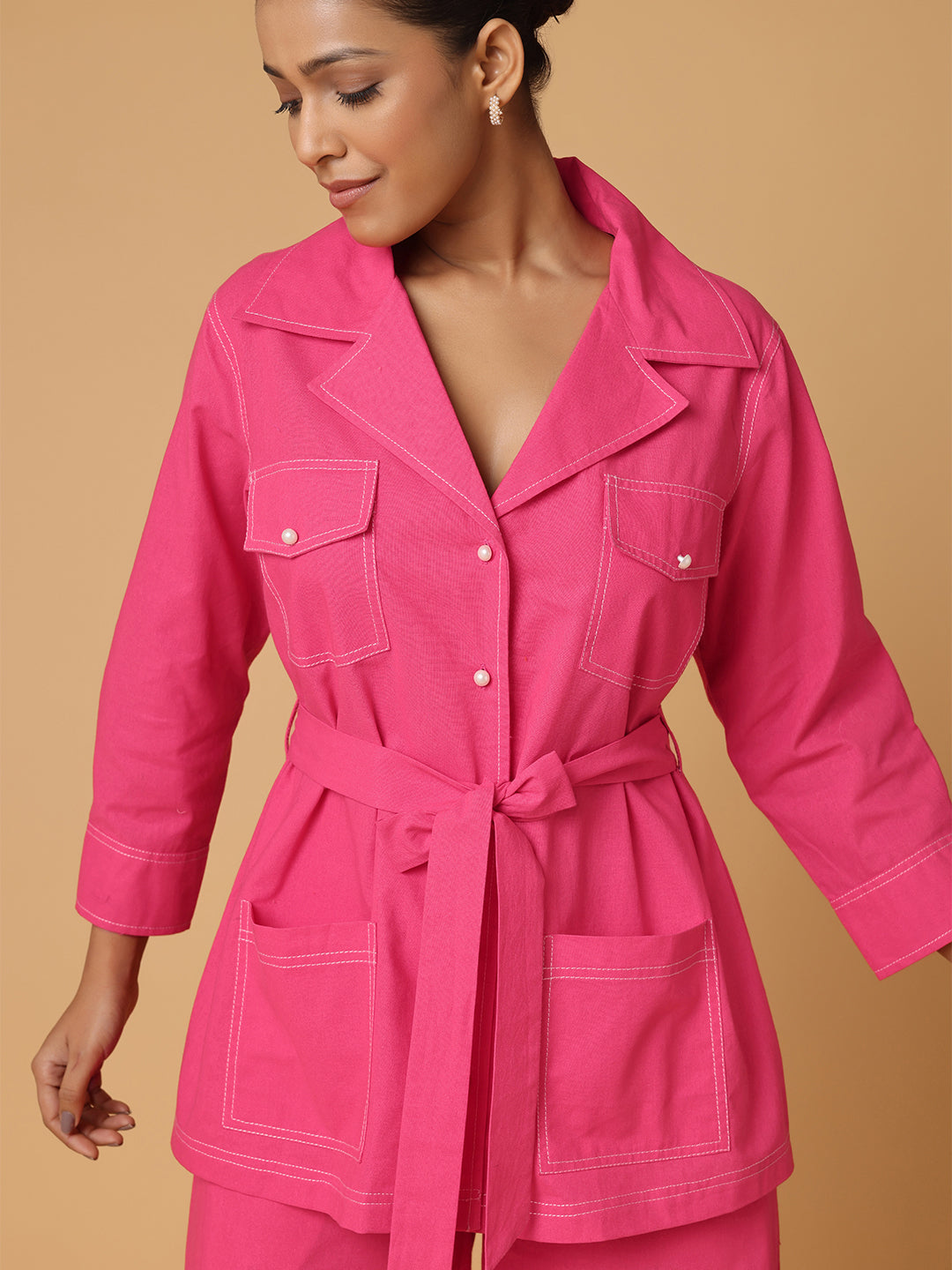 Pink Shirt & Trousers With Contrast Thread