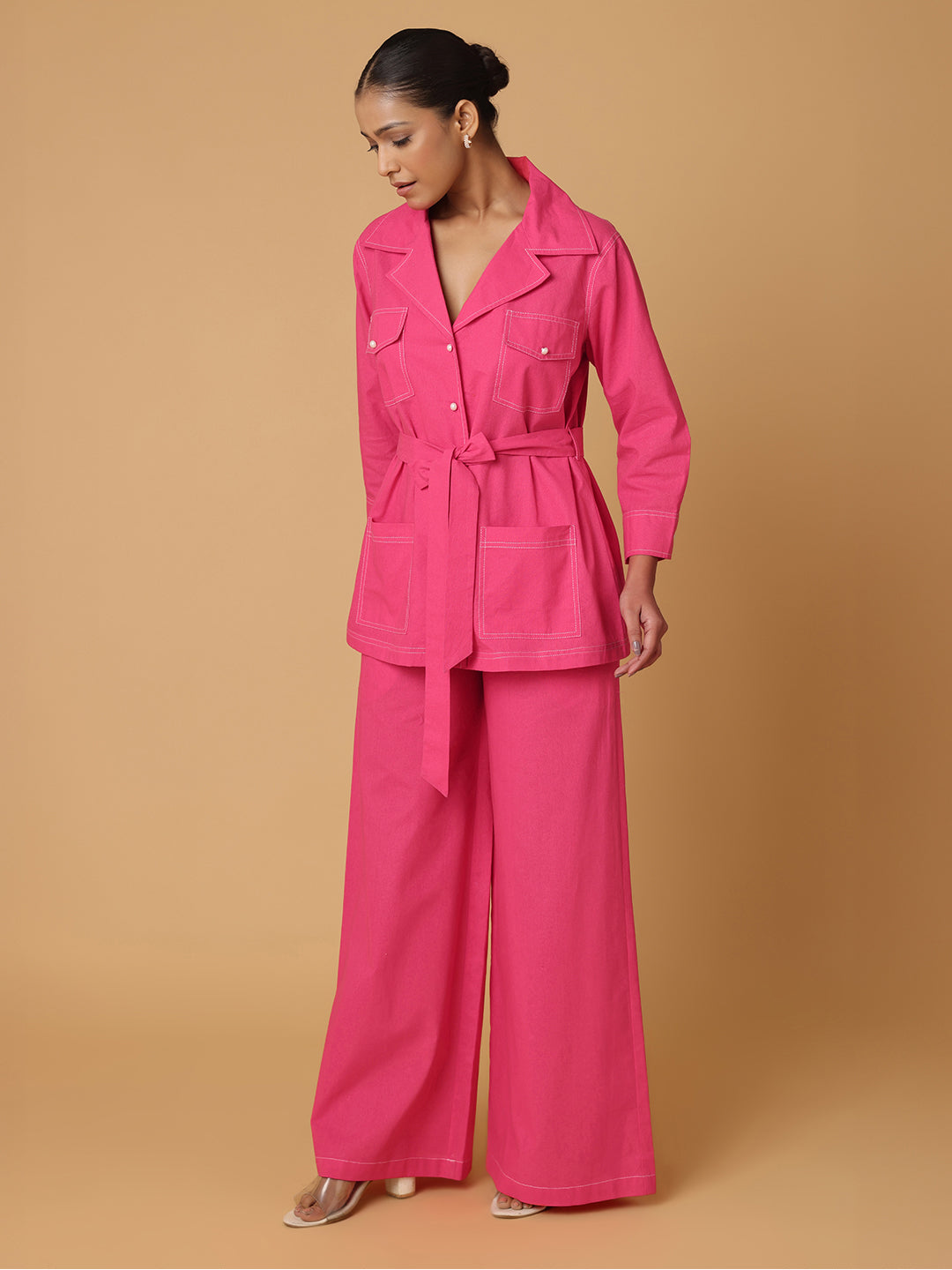 Pink Shirt & Trousers With Contrast Thread