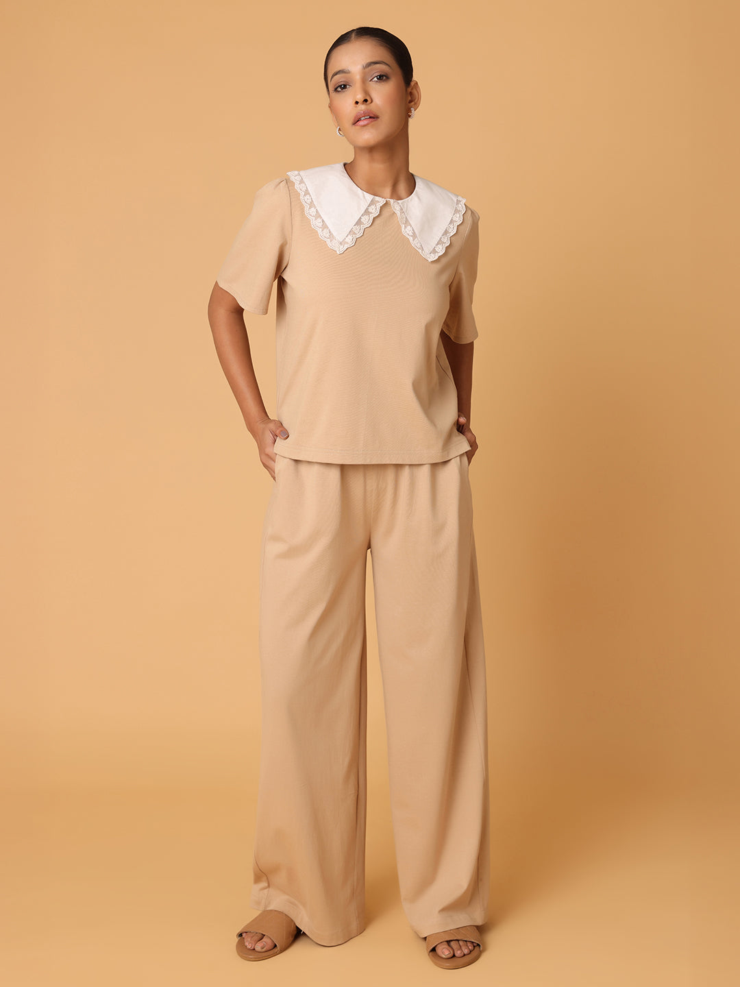 Beige  Contrast Collared T-shirt with Lower