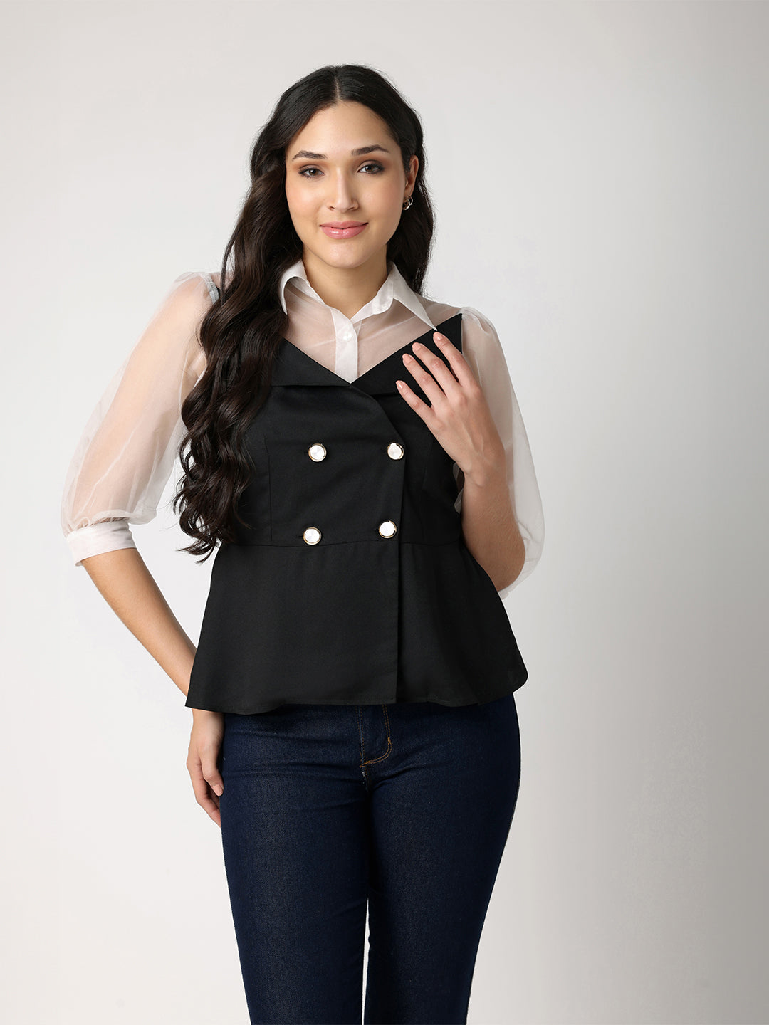 White and Black Top with Organza Collar and Sleeves Detail