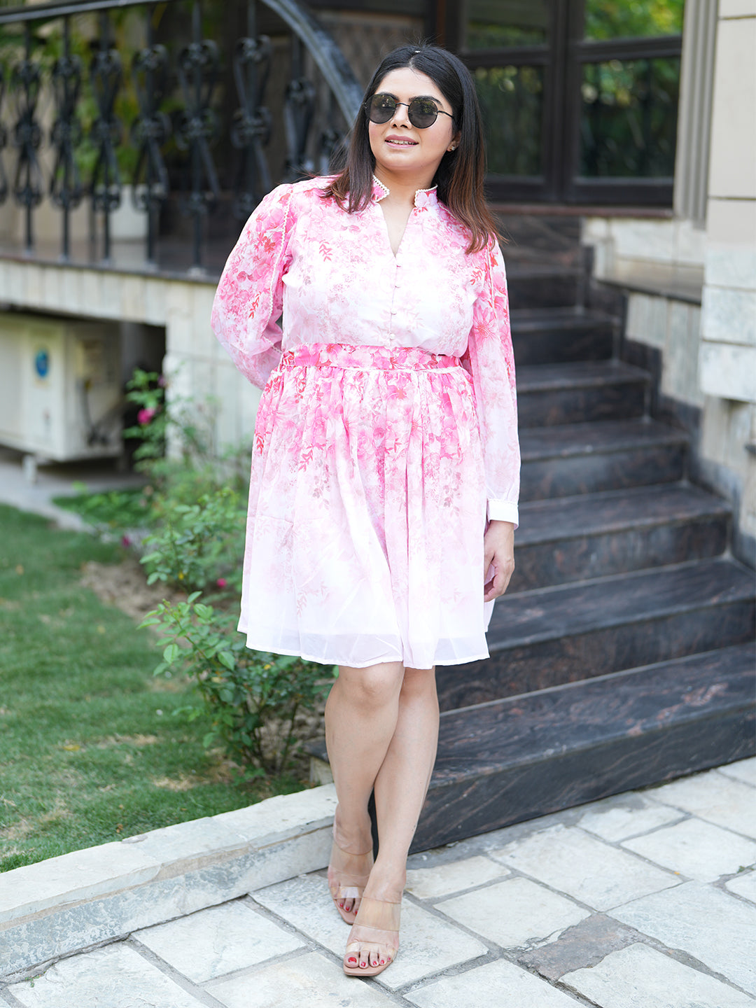 Pink Floral Dress With Belt
