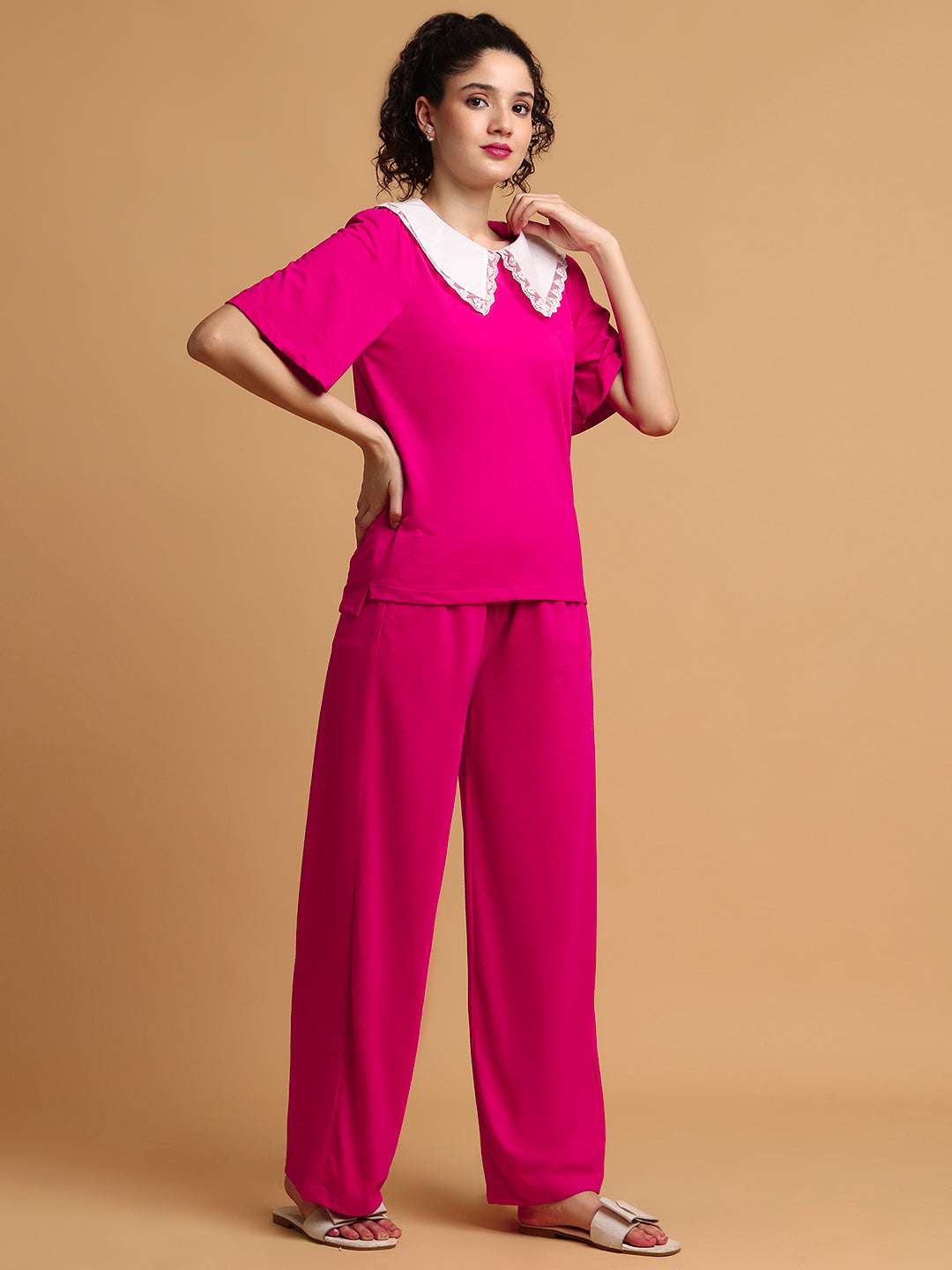Pink Contrast Collared T-shirt with Lower