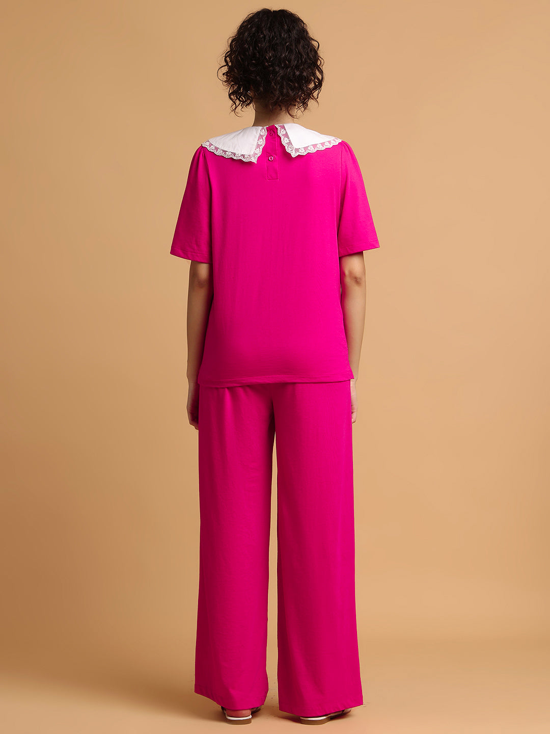 Pink Contrast Collared T-shirt with Lower