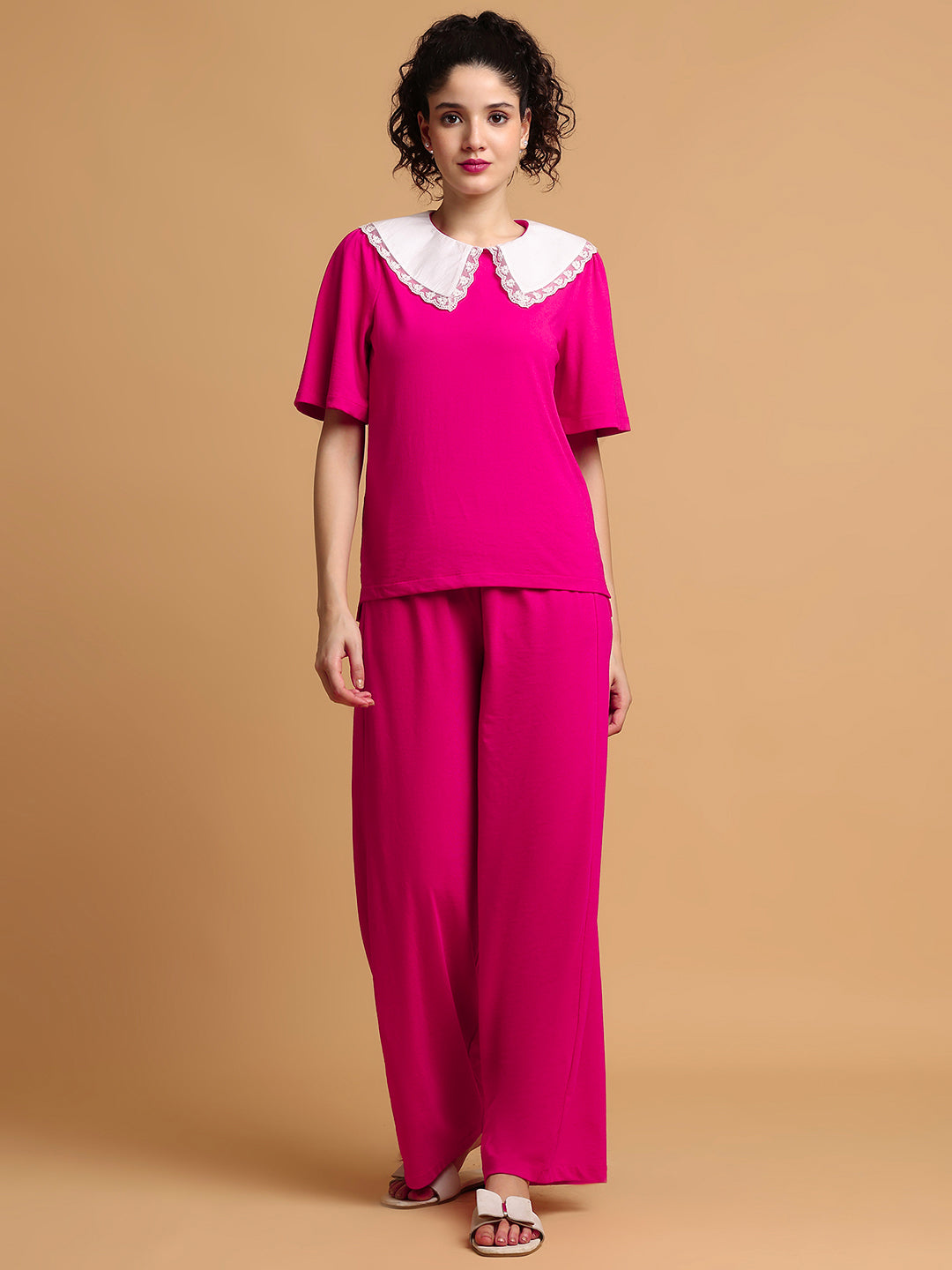 Pink Contrast Collared T-shirt with Lower