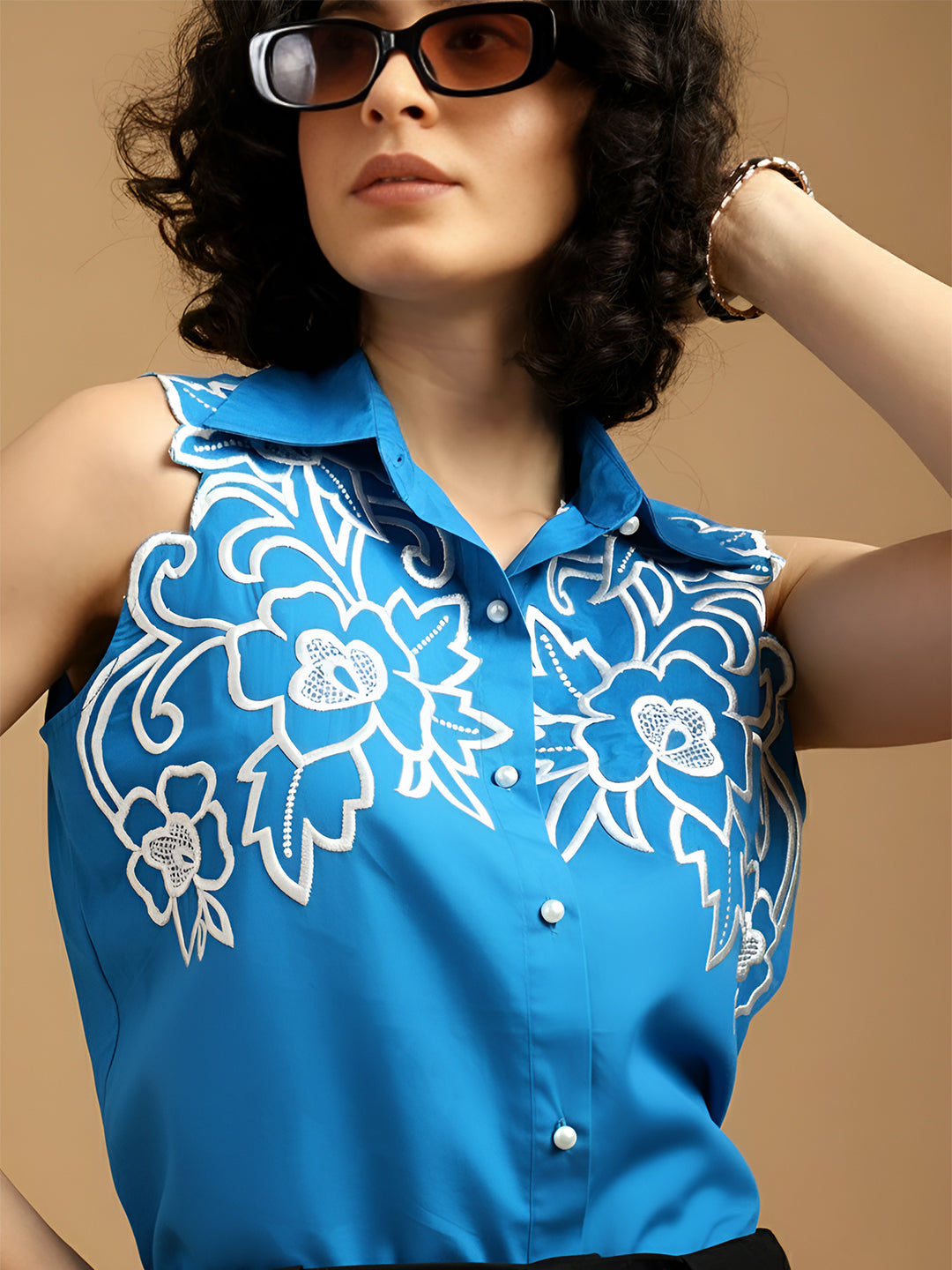 Blue Shirt with White Cut Out Embroidery