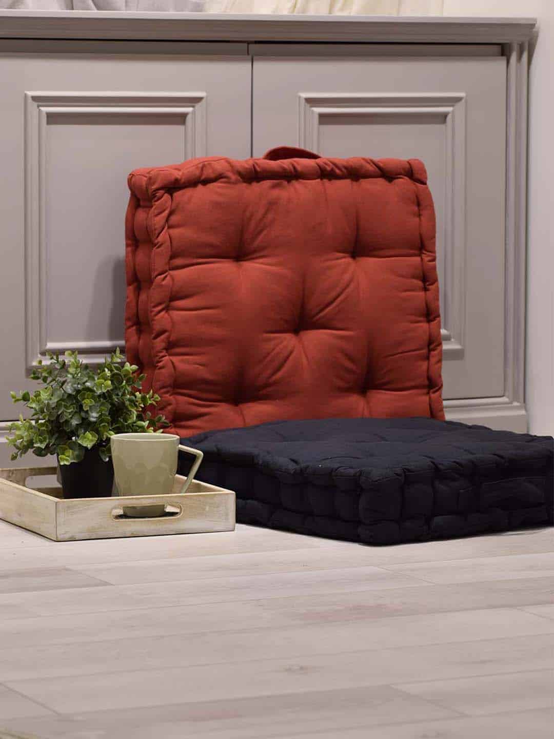 Blanc9 Set of 2 Red & Black Cotton Matlas Floor Cushion
