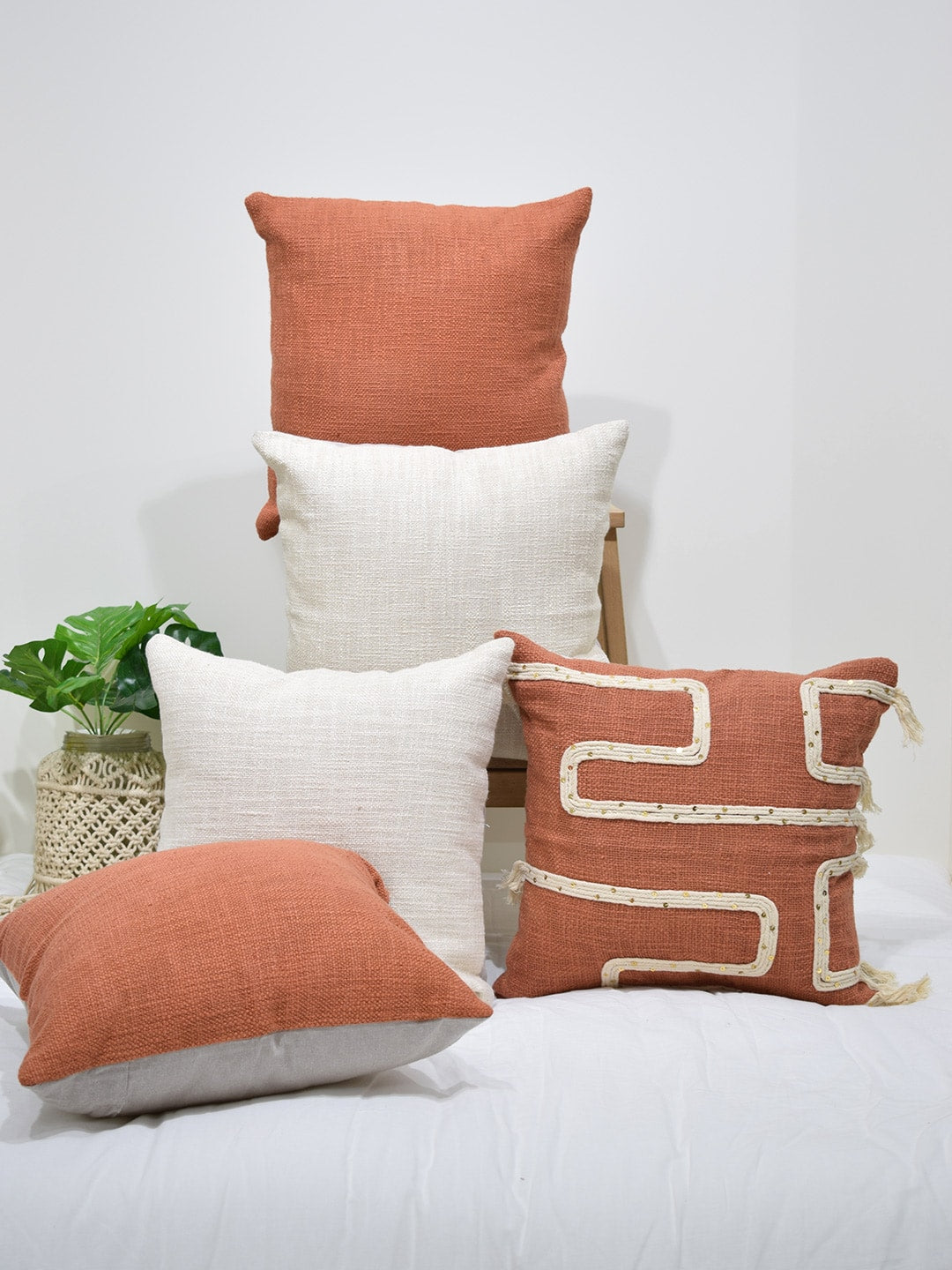 Set of 5 Trellis Terracotta & Ecru 40x40 CM Cushion Covers