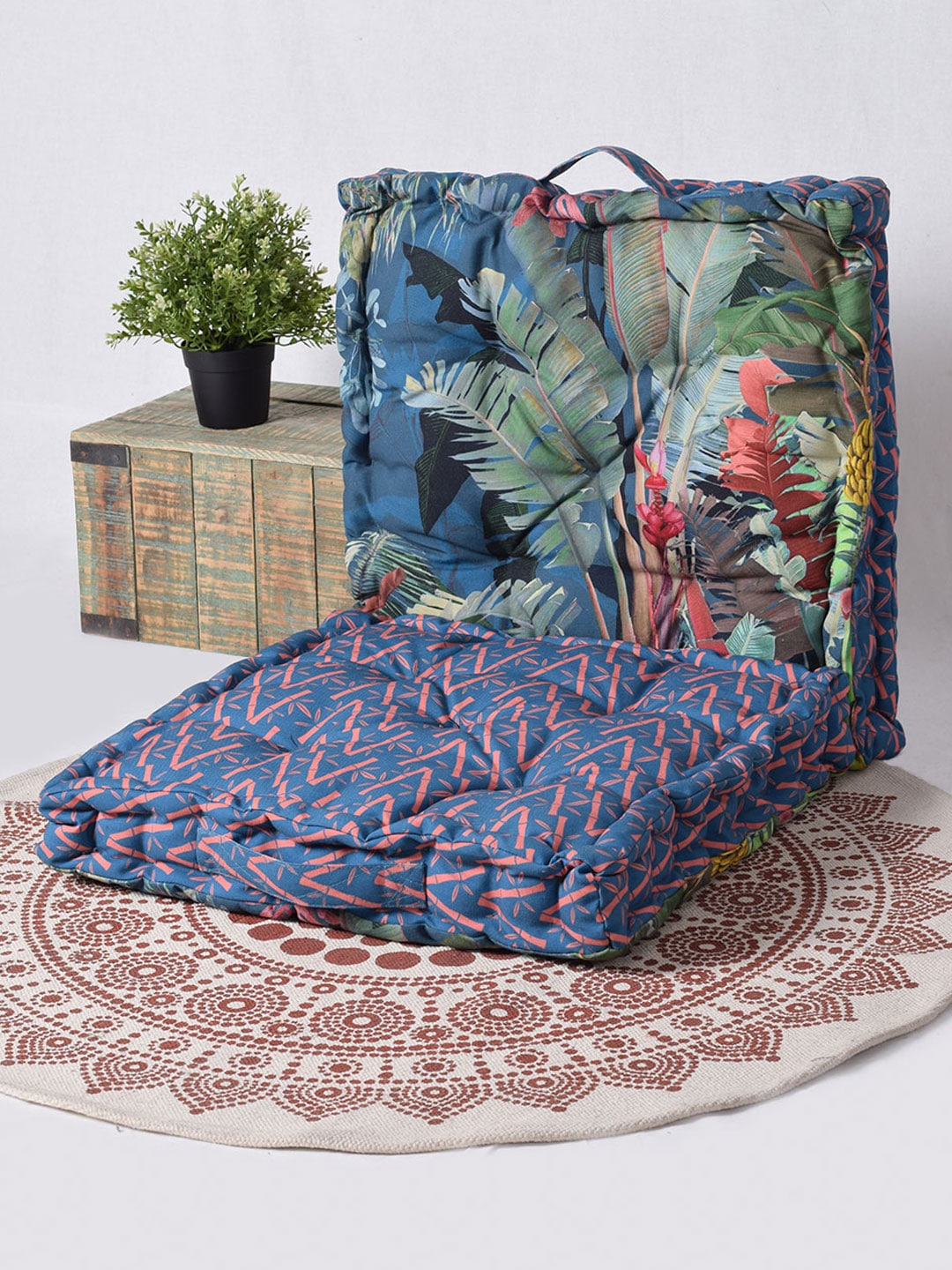 Set of 2 Savana Leaves Printed Matlas Floor Cushion