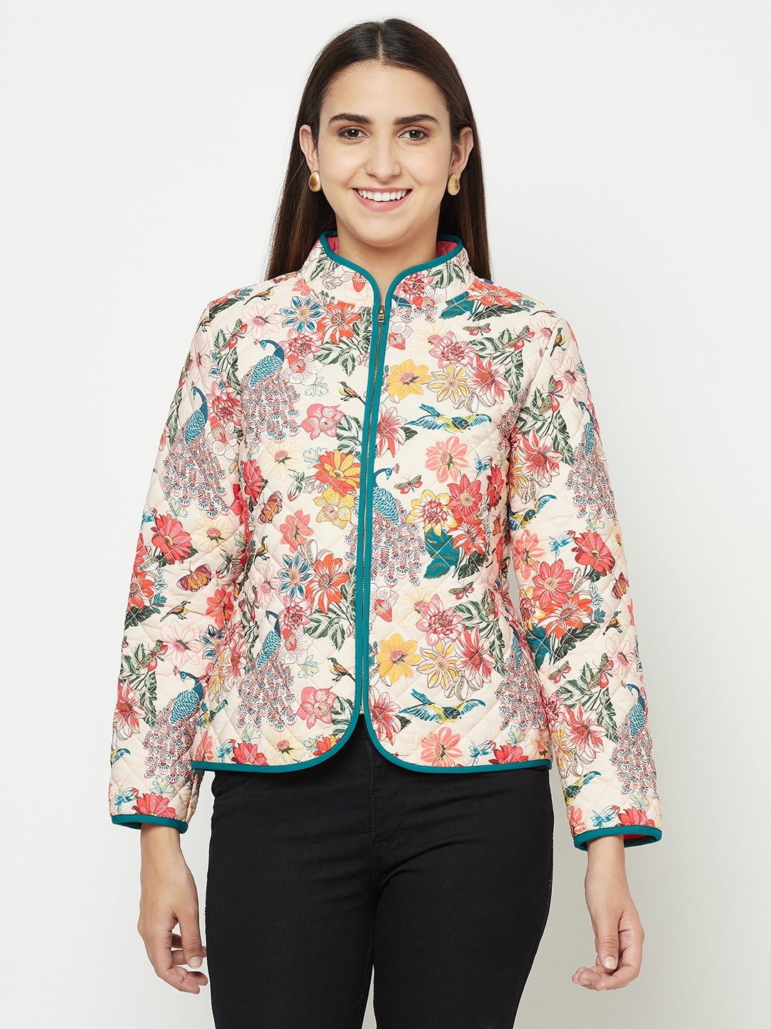 Blanc9 Peacock-Floral Quilted Jacket