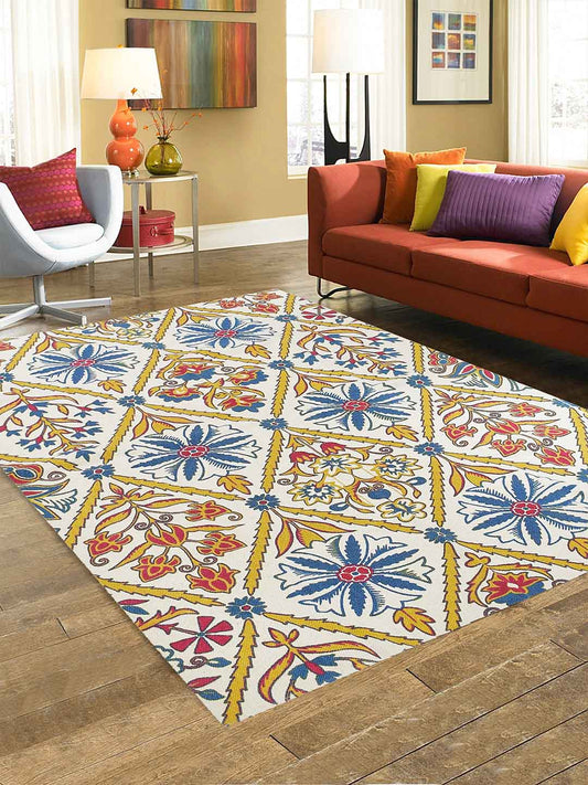 Mewar Yellow 4'x5.5' Printed Cotton Carpet