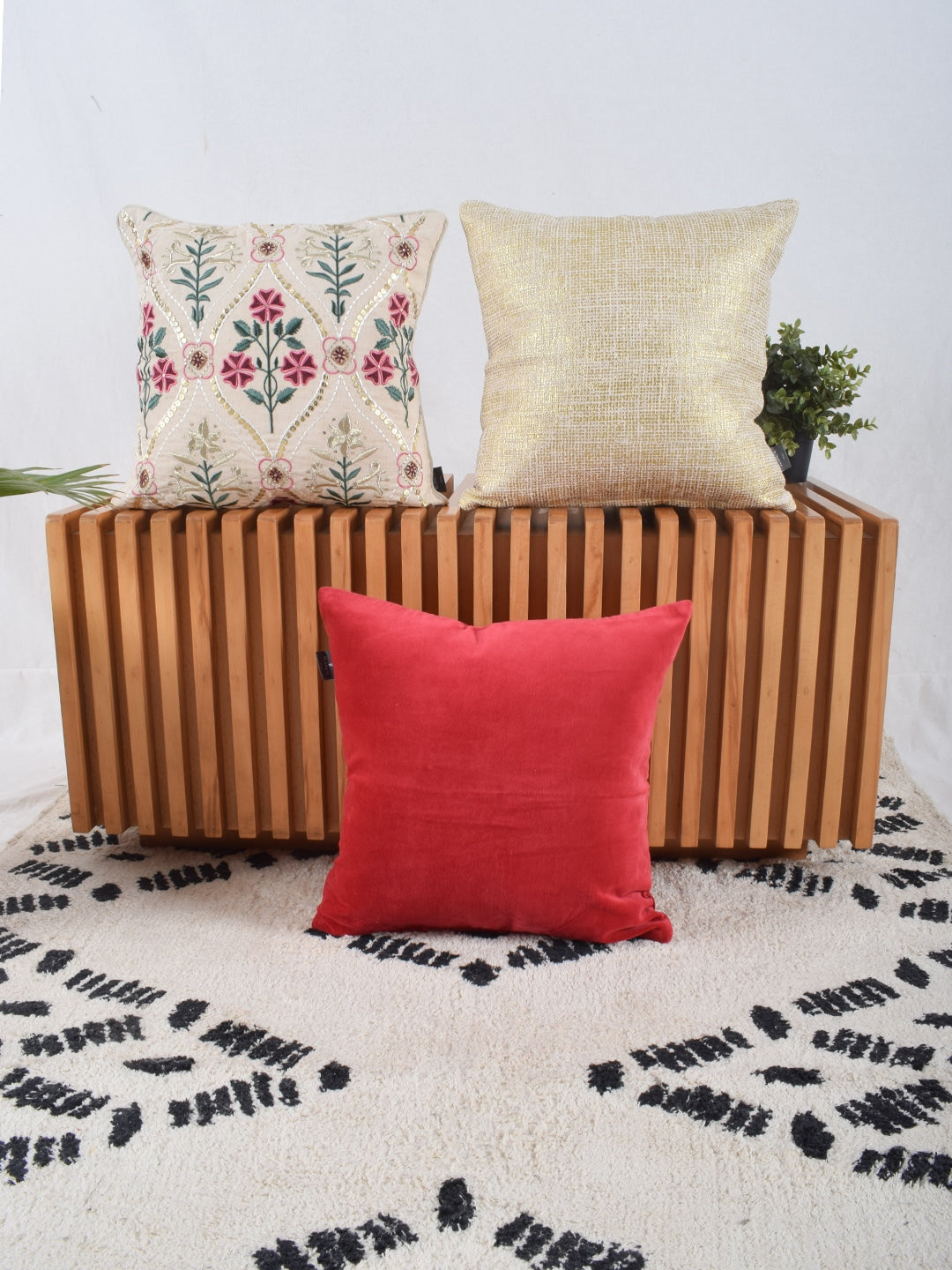 Blanc9 Set of 3 Phulwari Embroidered Cushion Cover with Solid 40x40 CM Cushion covers