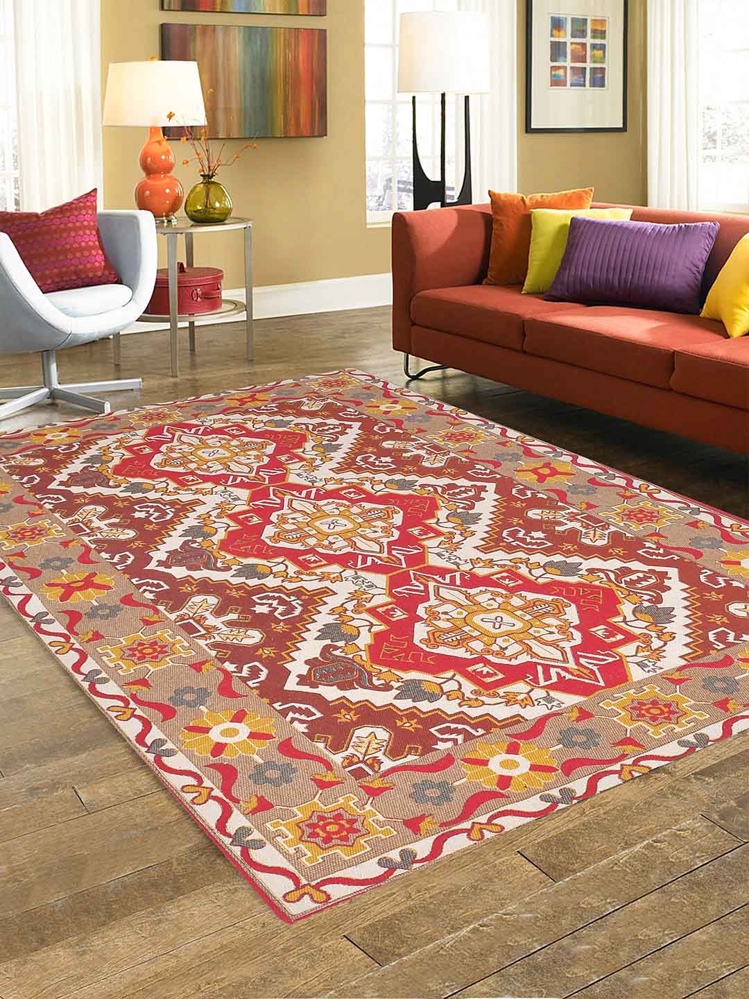 Blanc9 Udaipur Rusty Red Printed 4'x5.5' Cotton Carpet