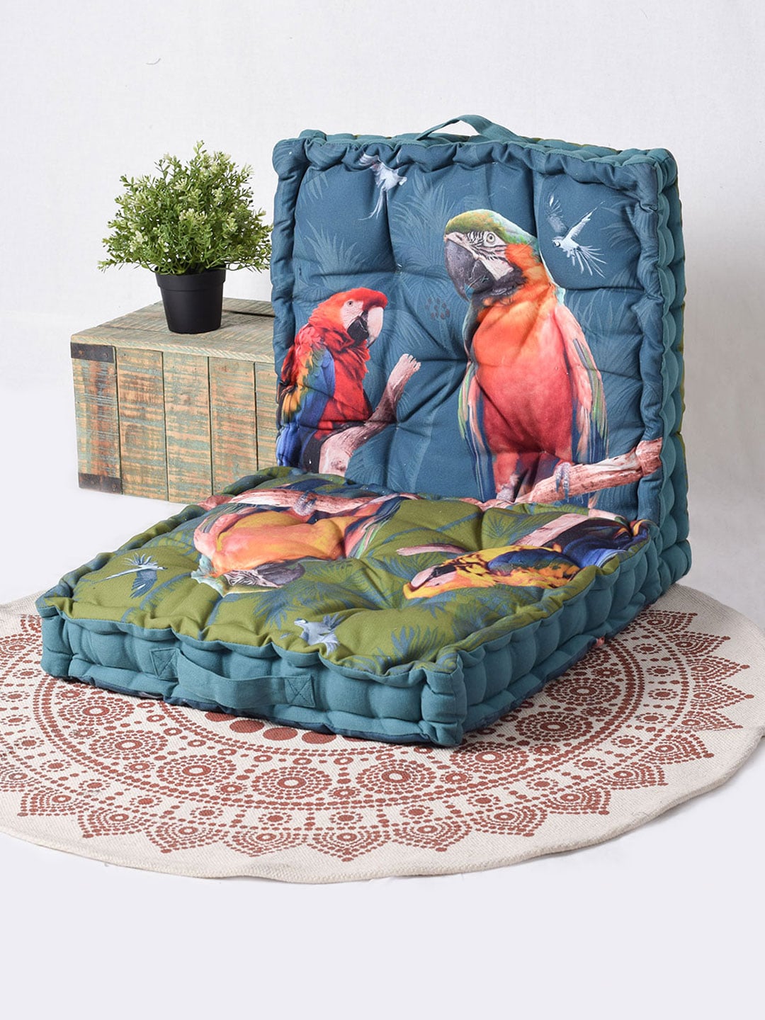 Set of 2 Macaw Parrot Printed Matlas Floor Cushion