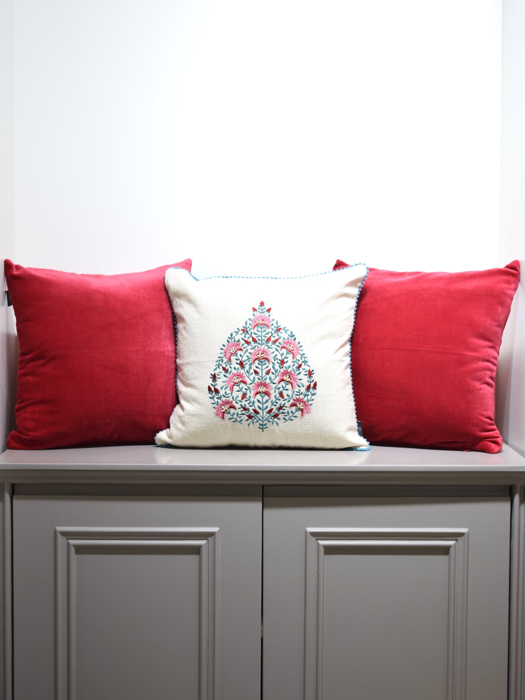 Blanc9 Set of 3 Mughal Garden Embroidered with red Velvet 40x40 CM Cushion Covers