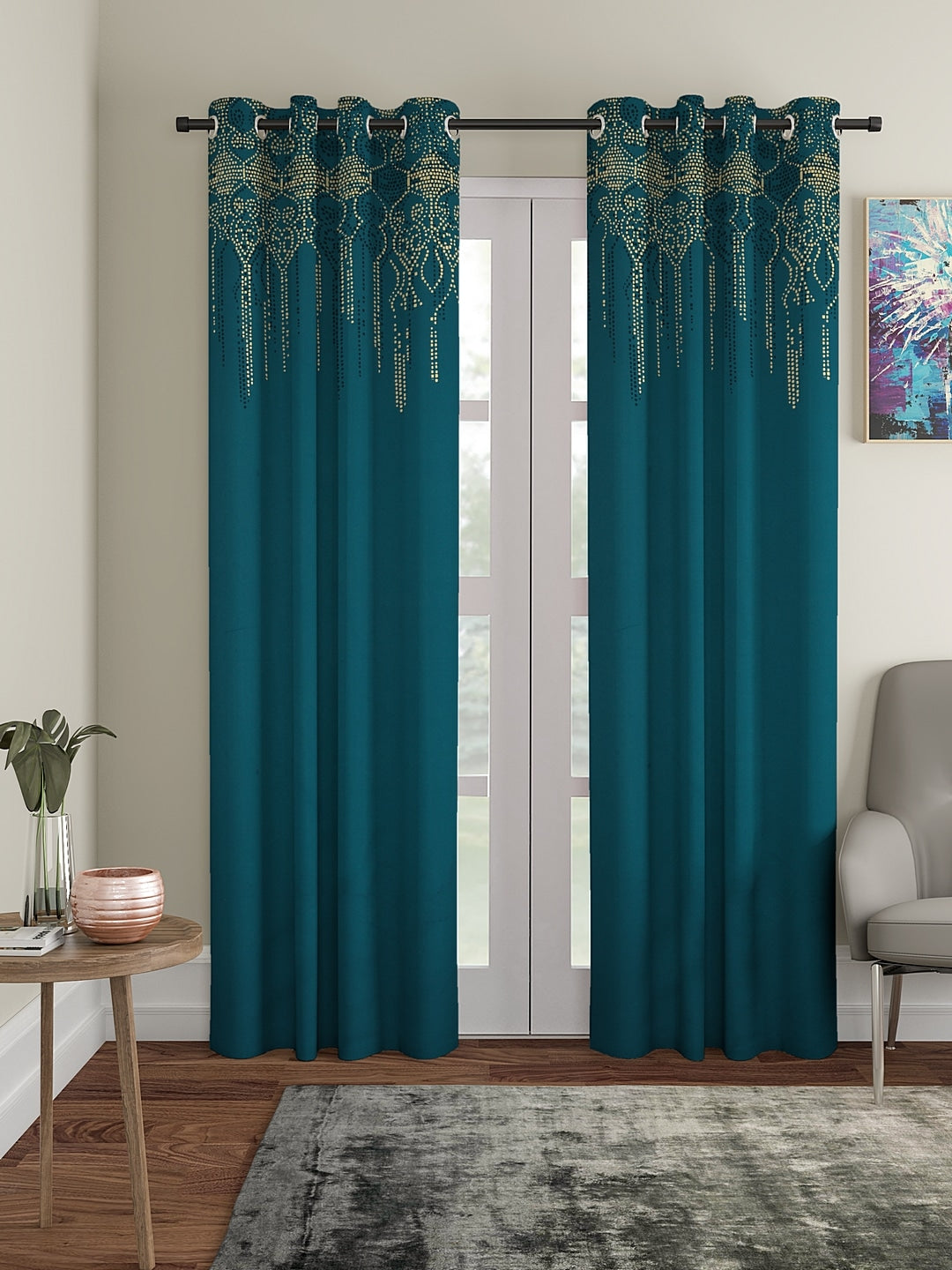 Blanc9 Set of 2 Long Door Stellar Peacock Blue Curtain