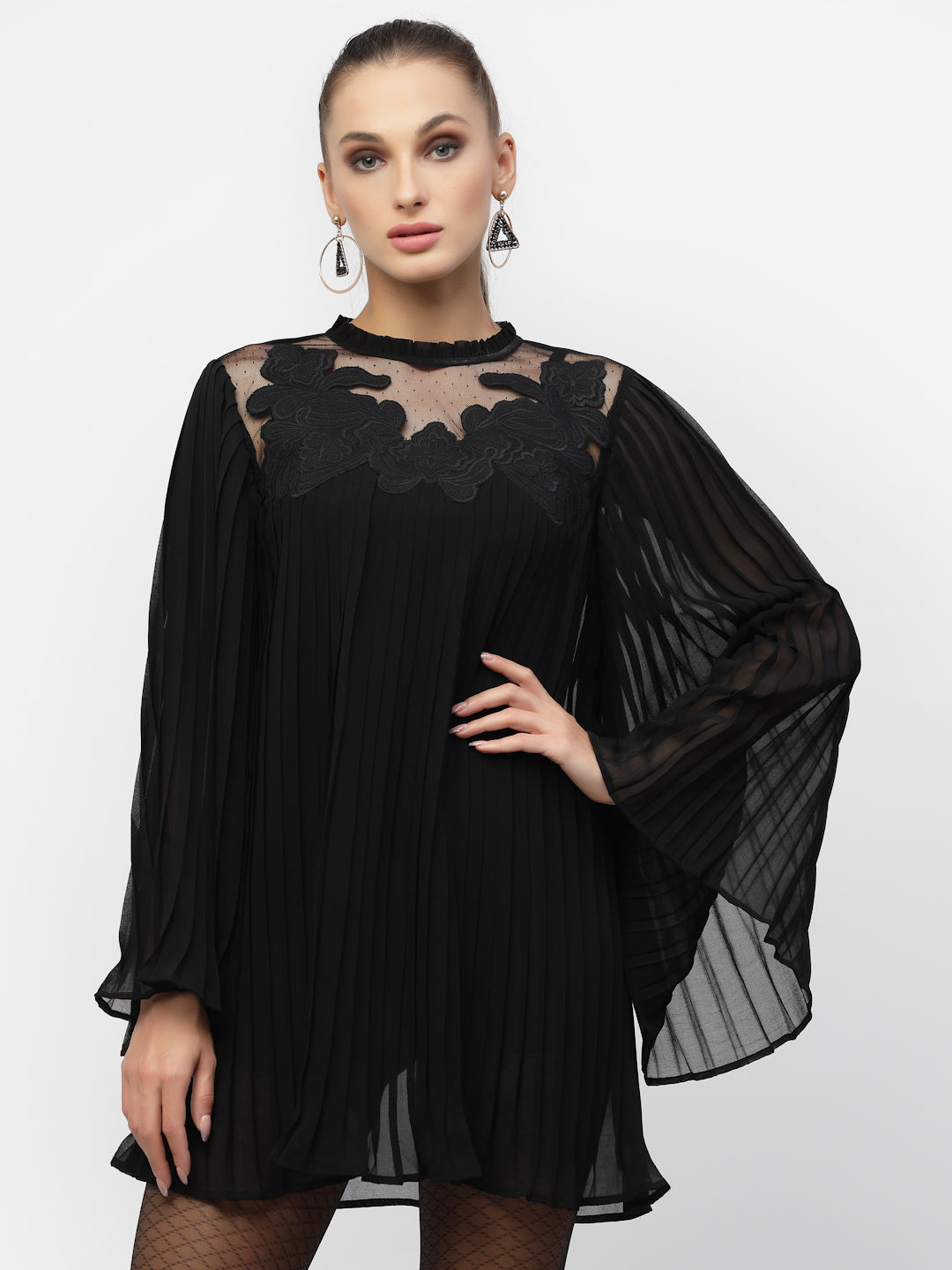 Black Pleated Tunic With Embroidery Patch
