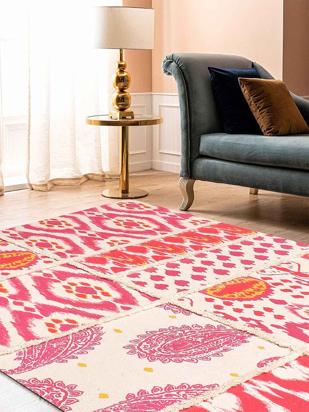 Garden of Ikat Pink Coloured 4'x5.5' Cotton Printed Carpet
