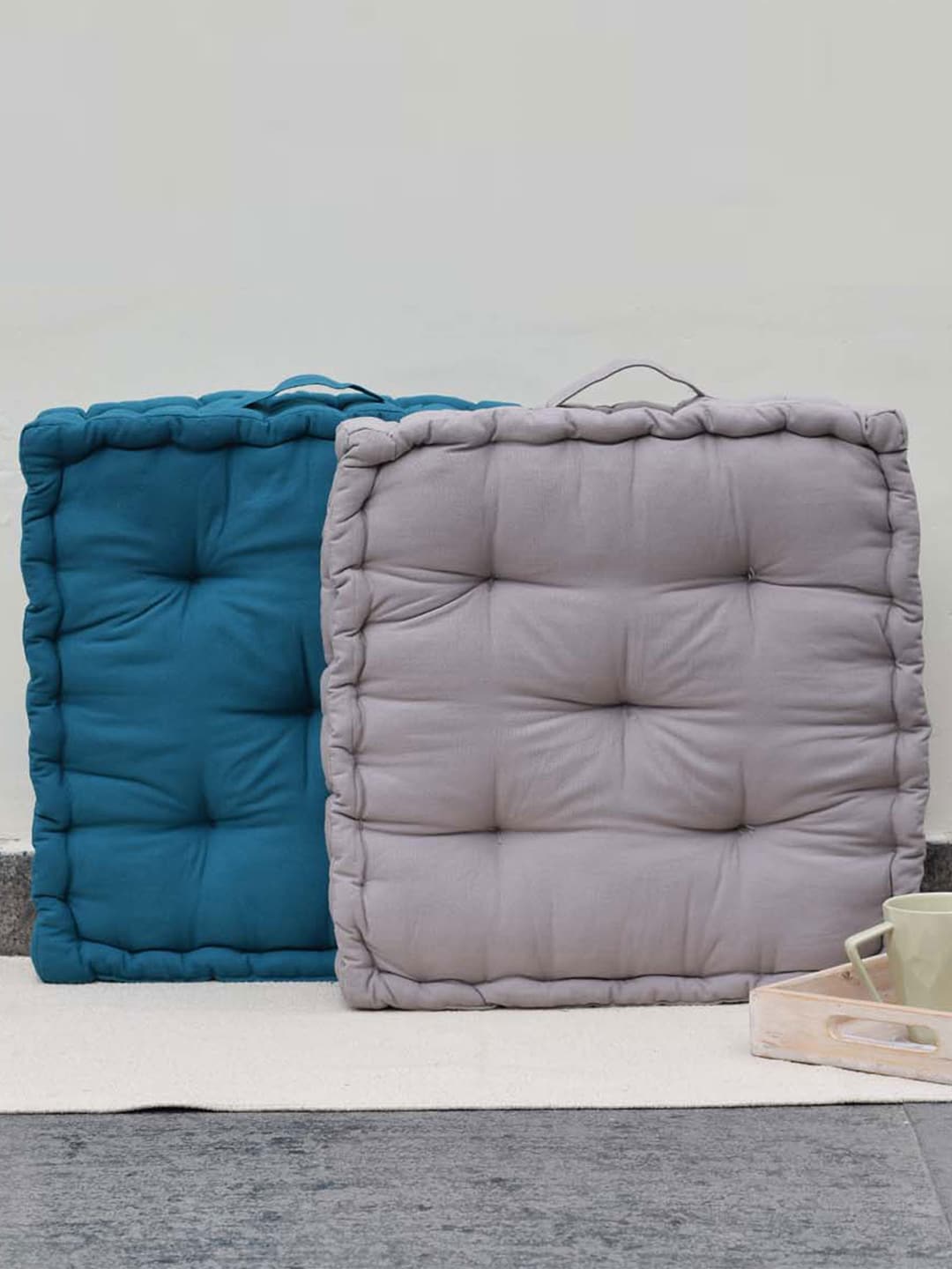 Set of 2 Peacock Blue & Light Grey Matlas Floor Cushion