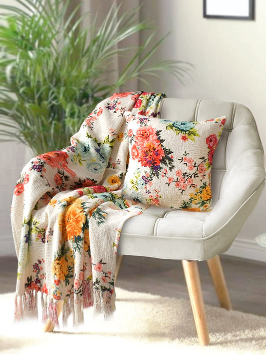 Tropical Cotton Printed Throw with Cushion Cover