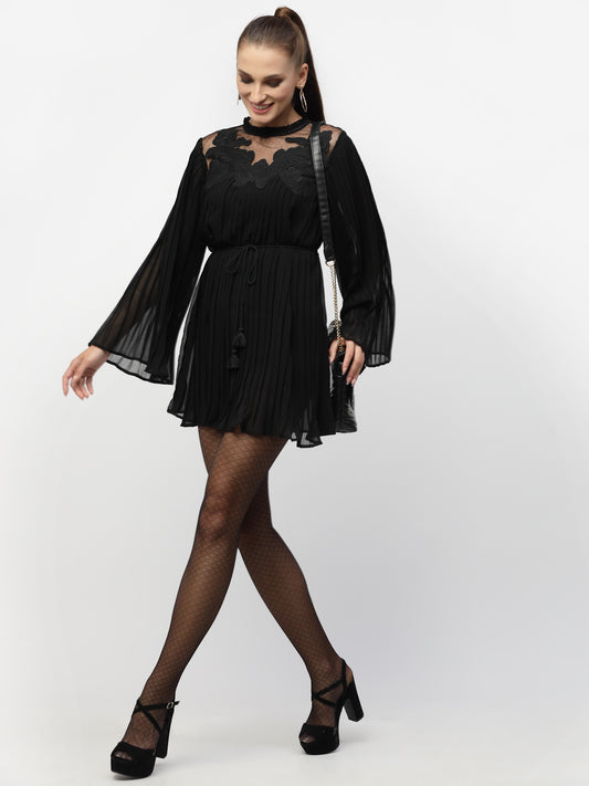 Black Pleated Tunic With Embroidery Patch