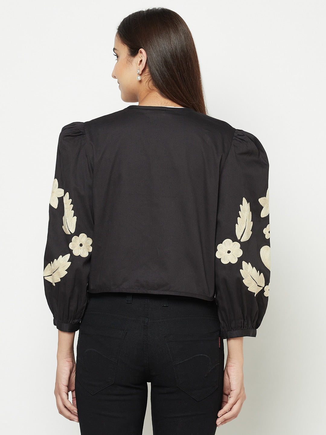Blanc9 Black Floral Embroidered Jacket