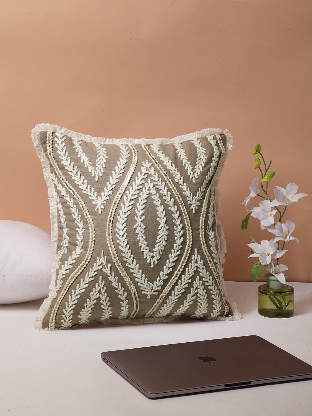 Serene Leaf Hand Embroidery Cushion Cover