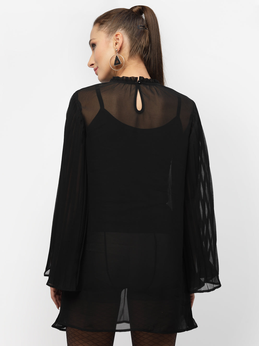 Black Pleated Tunic With Embroidery Patch