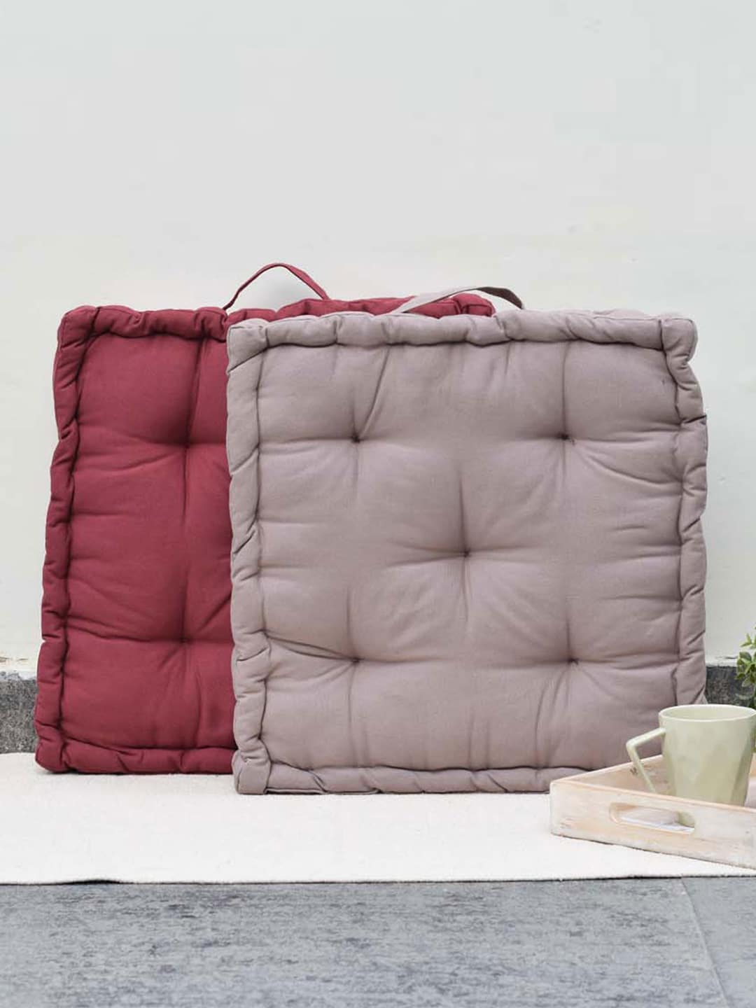 Set of 2 Maroon & Grey Matlas Floor Cushion