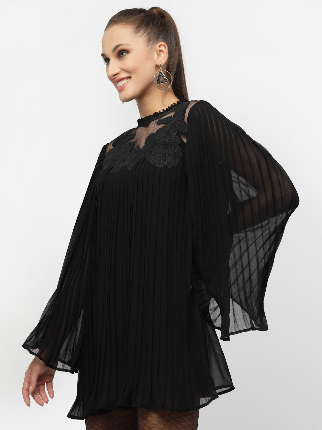 Blanc9 Black Pleated Tunic With Embroidery Patch