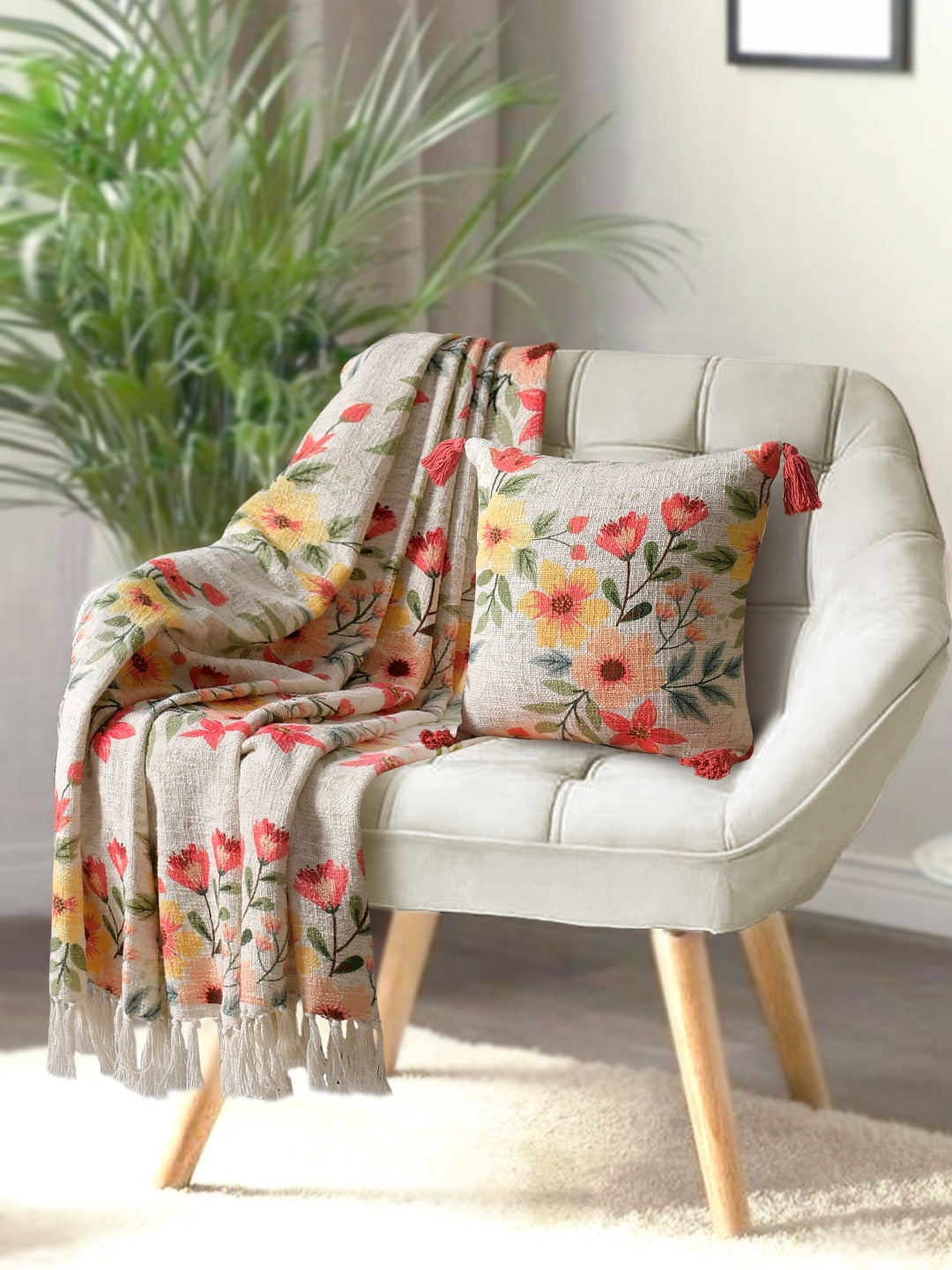 Blanc9 Blossom Cotton Printed Throw with Cushion Cover