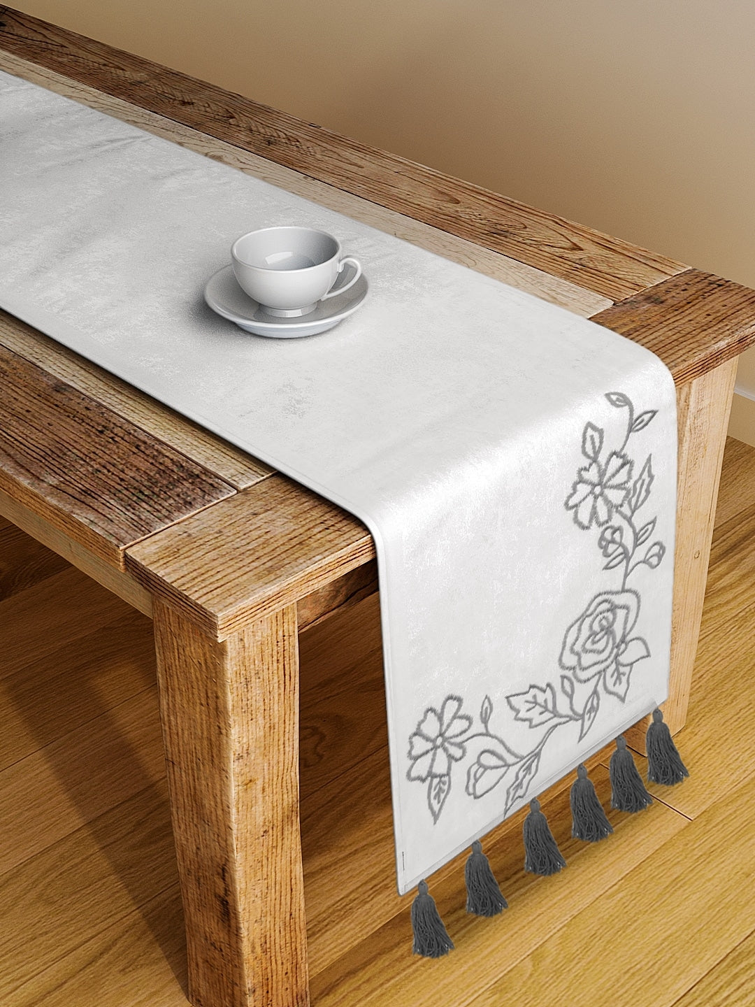 Grey Rose Embroidered 4/6 Seater Cotton Table Runner