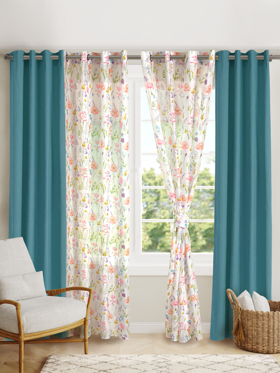 Blanc9 Set Of 4 Floral Garden Printed With Blue Plain 7Ft. Curtain