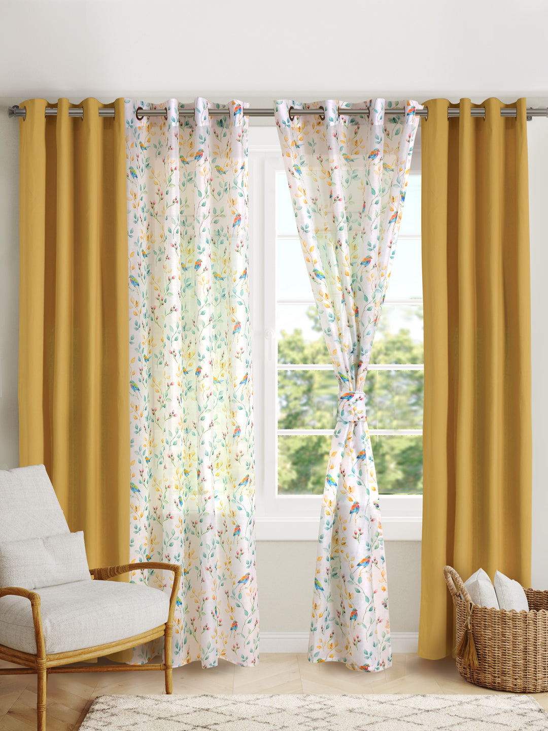 Blanc9 Set Of 4 Fauna Printed With Mustard Plain 7Ft. Curtains