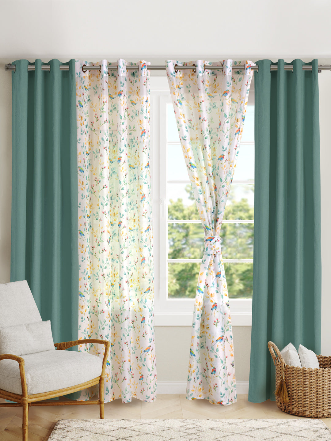 Blanc9 Set Of 4 Fauna Printed With Green Plain 7Ft. Curtains