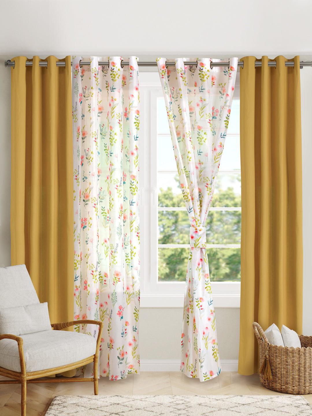 Set Of 4 Flora Printed With Mustard Plain 7Ft. Curtains