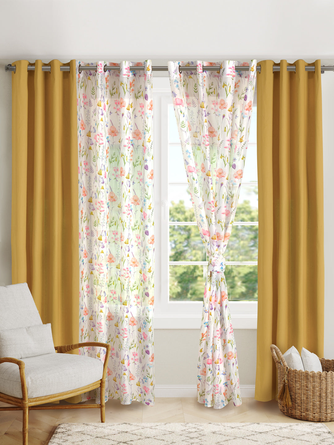 Blanc9 Set Of 4 Floral Garden Printed With Mustard Plain 7Ft. Curtain