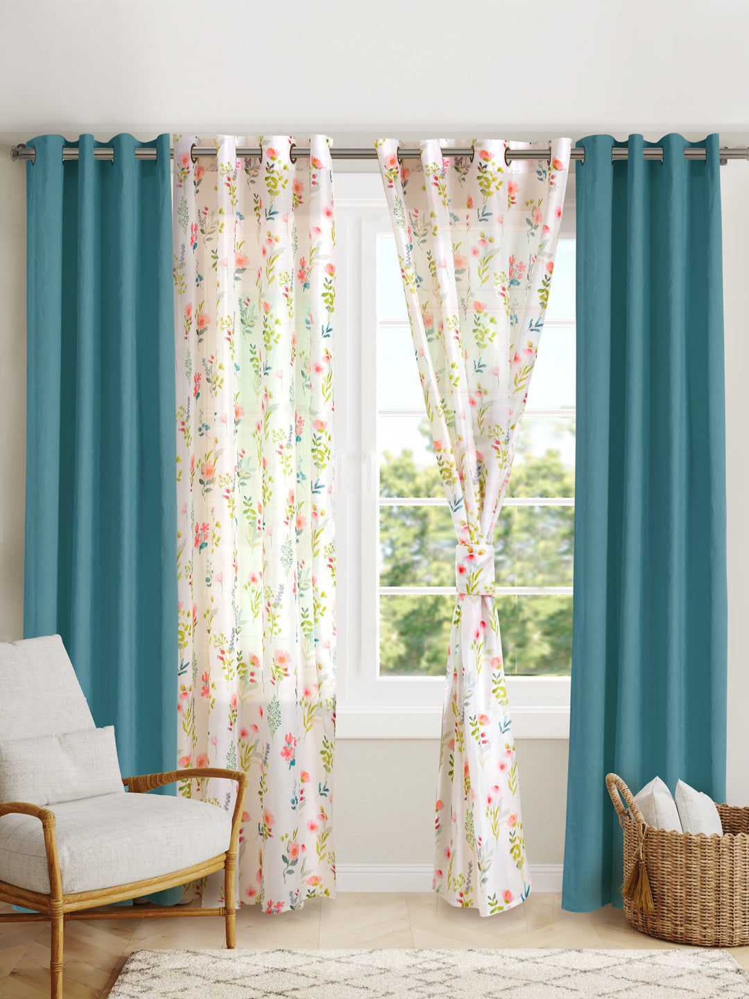 Blanc9 Set Of 4 Flora Printed With Blue Plain 7Ft. Curtains
