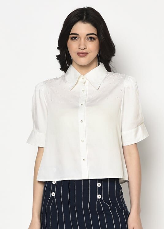 White Short Shirt With Pearl Embellishment