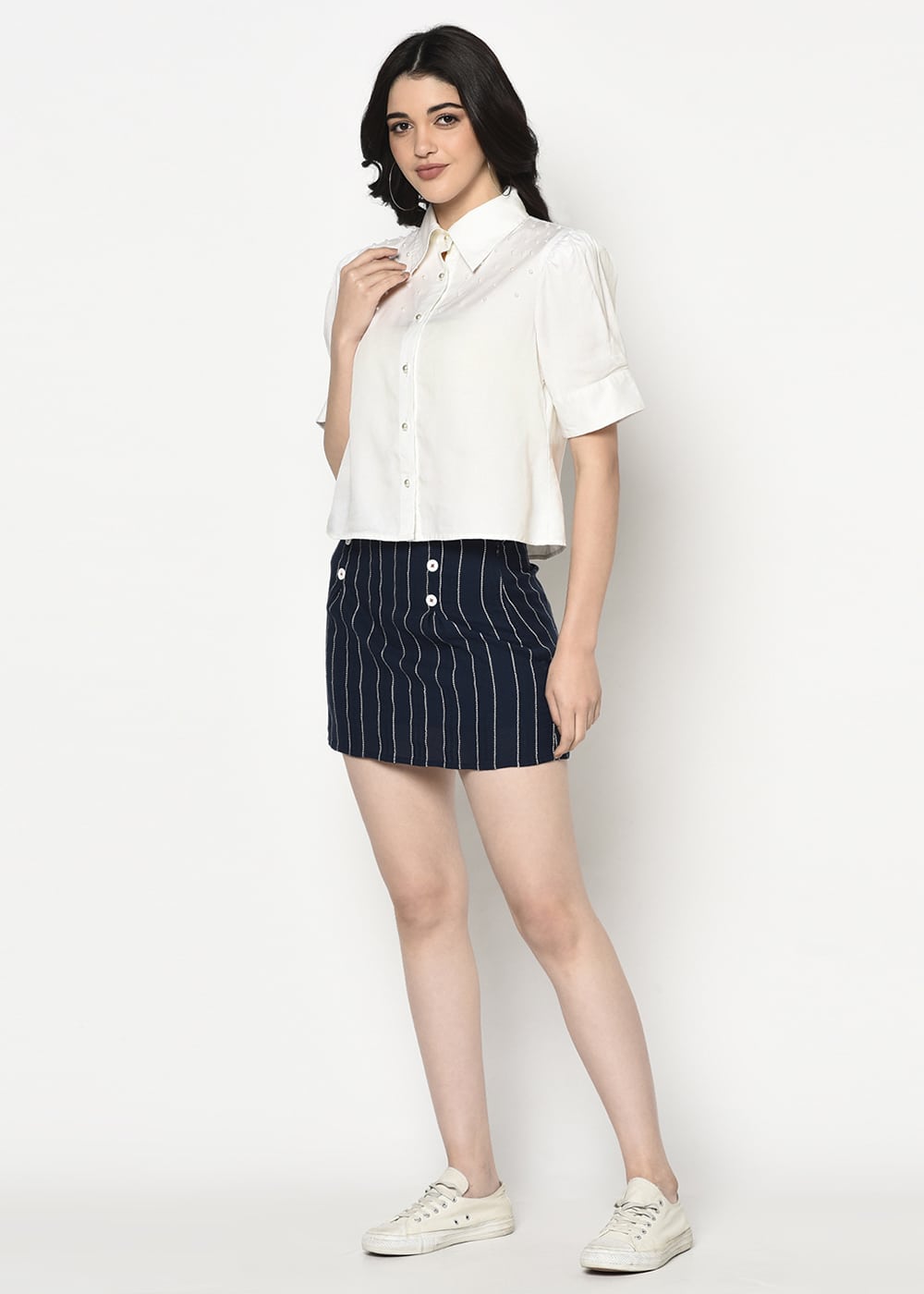 White Short Shirt With Pearl Embellishment