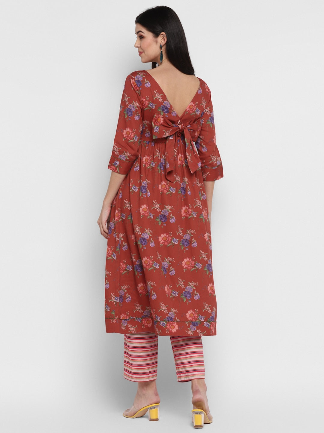 Floral Kurta with Striper Pants Fusion Set