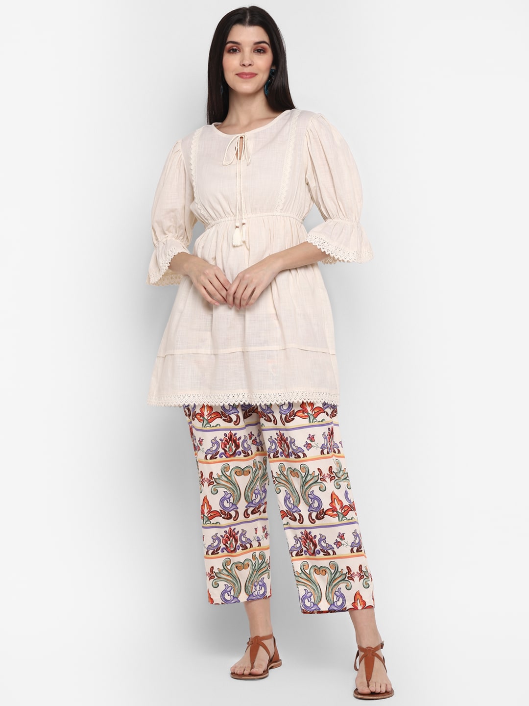 Short Kurta with Printed Trouser Fusion Set