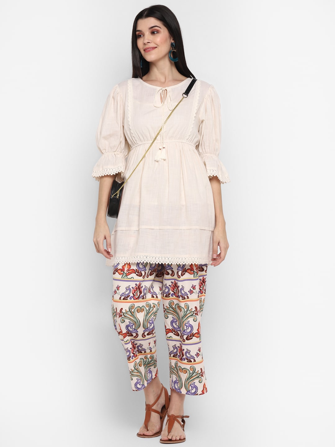 Short Kurta with Printed Trouser Fusion Set