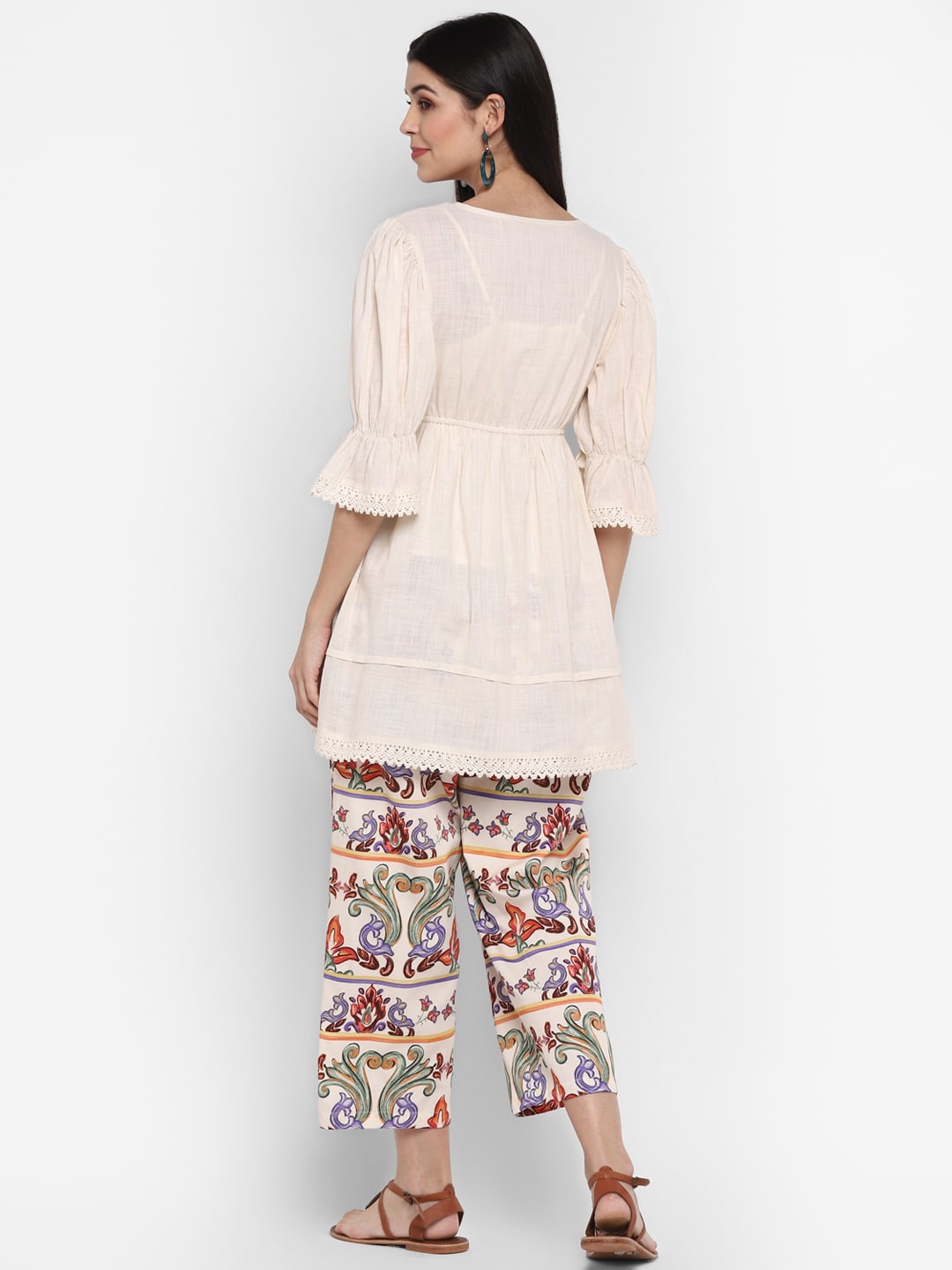 Short Kurta with Printed Trouser Fusion Set