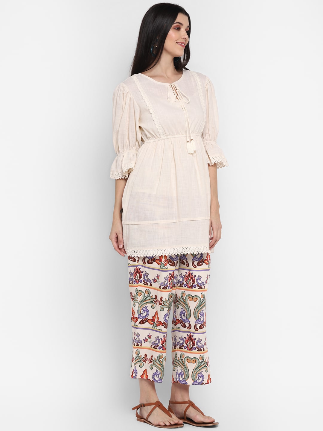 Short Kurta with Printed Trouser Fusion Set