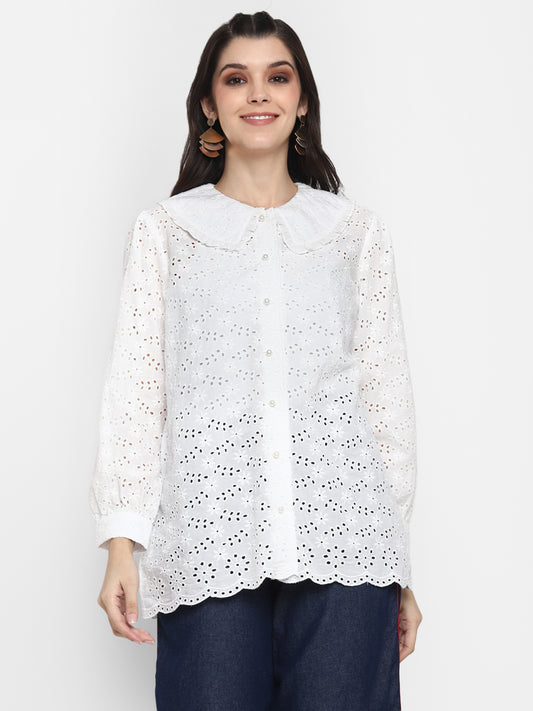 White Broderie Schiffli Shirt with Chelsea Collar