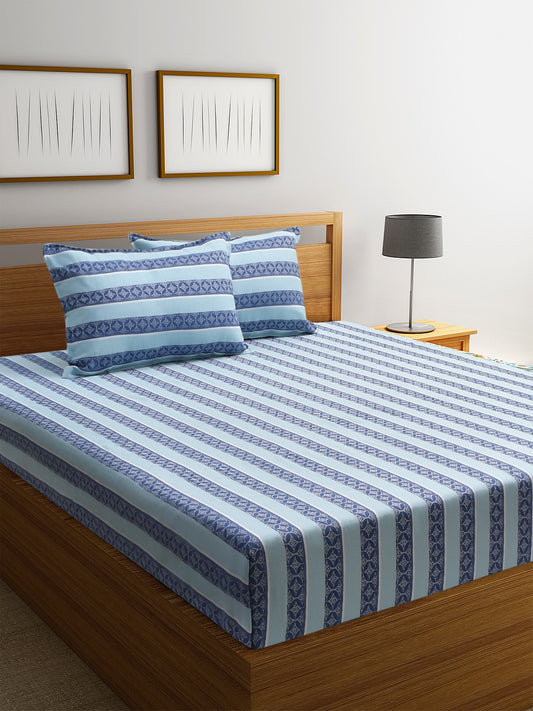 Sapphire River Jacquard Blue Cotton Double Bedsheet with Pillows