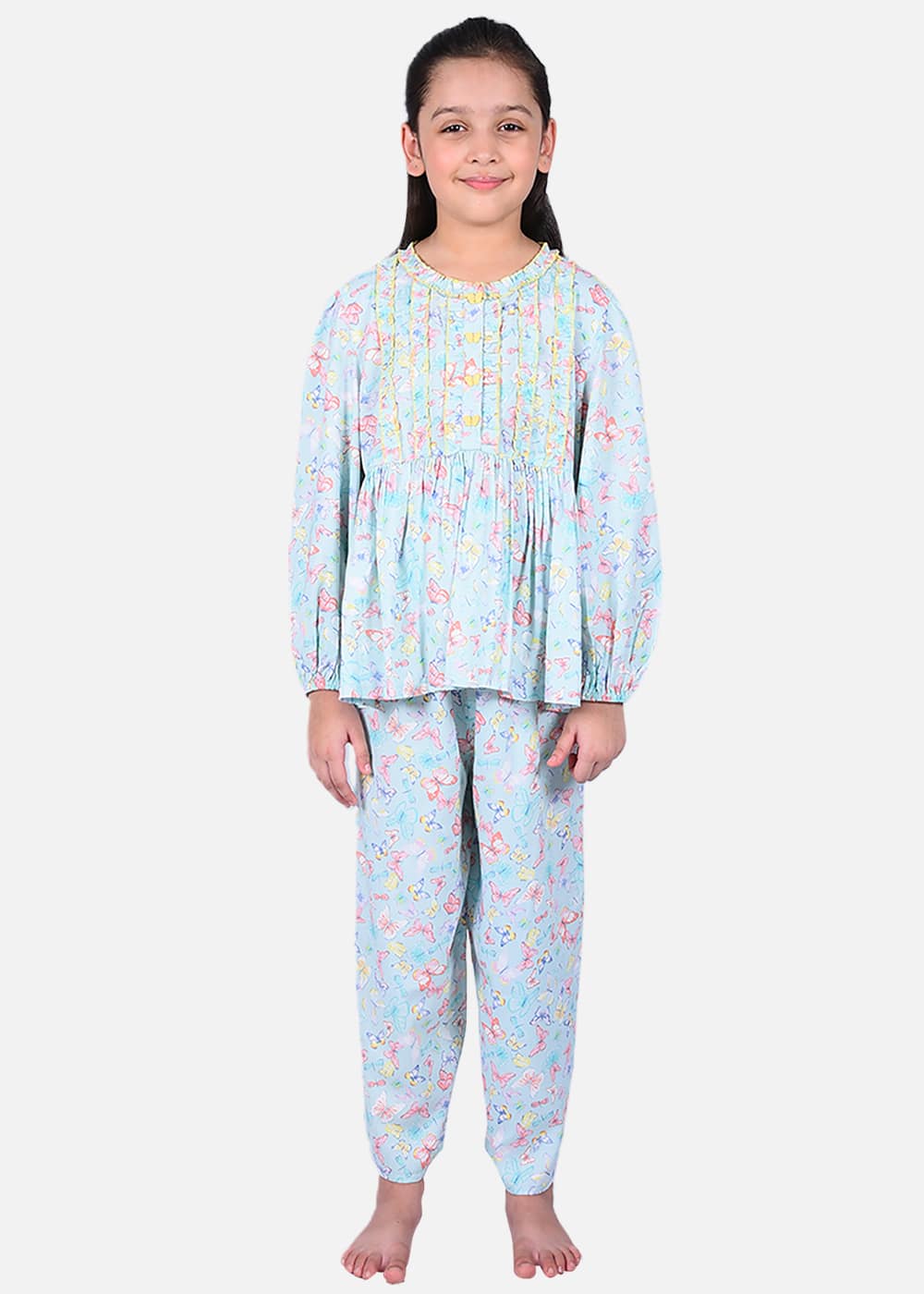 Butterfly Printed Rushed Frilled Nightwear