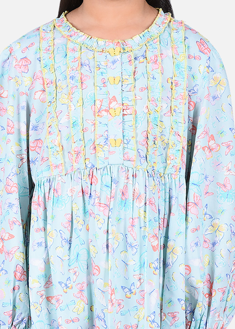 Butterfly Printed Rushed Frilled Nightwear